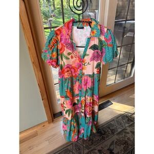 APNY Women Multi Tropical Floral Parrot Tiered Long Maxi Dress MD New
